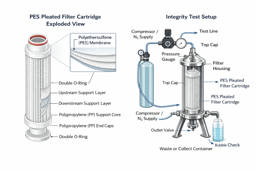 Punto de burbuja y rendimiento de integridad de los cartuchos filtrantes plisados de PES para filtración farmacéutica