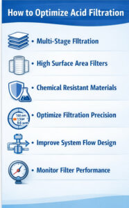 Main Applications of Acid Filtration Acid filtration systems are commonly used in the following industrial processes: Chemical Manufacturing Removing catalyst residues and suspended solids in acid-based reactions. Metal Surface Treatment Filtering acids used in pickling, etching, and electroplating processes. Semiconductor Manufacturing Filtering high-purity acids used in wafer cleaning and etching processes. Battery Production Purifying sulfuric acid used in battery manufacturing. Pharmaceutical Production Filter Cartridge for Acid Filtration Systems